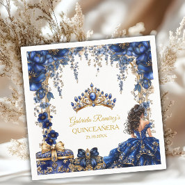 Servilleta De Papel Royal Blue Golden Tiara Floral Quinceañera