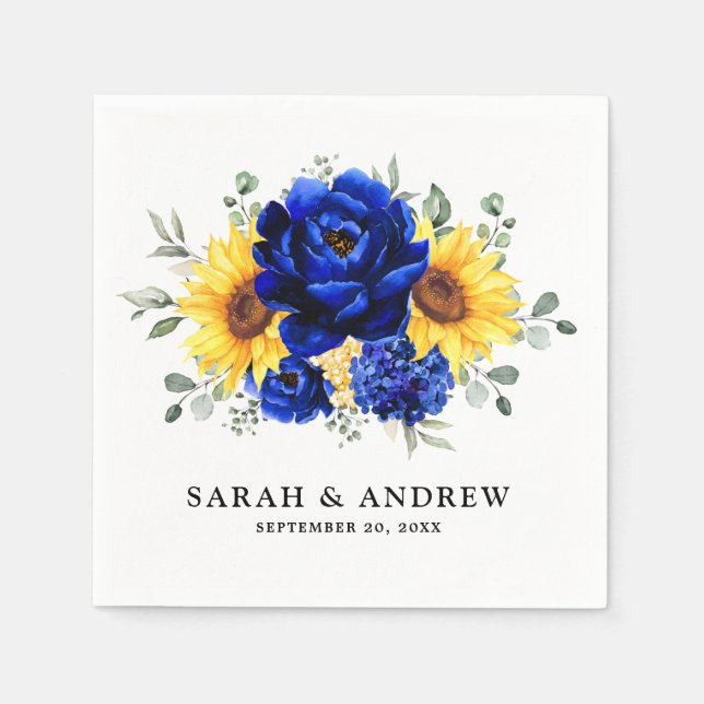 Servilleta De Papel Royal Blue Rustic Sunflower Moderno Boda Floral (Anverso)