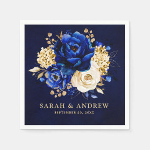 Servilleta De Papel Royal Blue Yellow Gold Metallal Boda Floral Nap