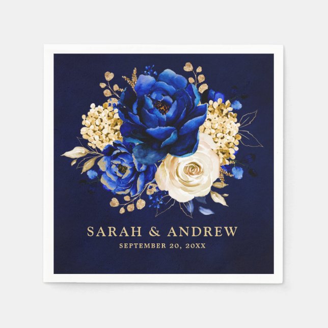 Servilleta De Papel Royal Blue Yellow Gold Metallal Boda Floral Nap (Anverso)