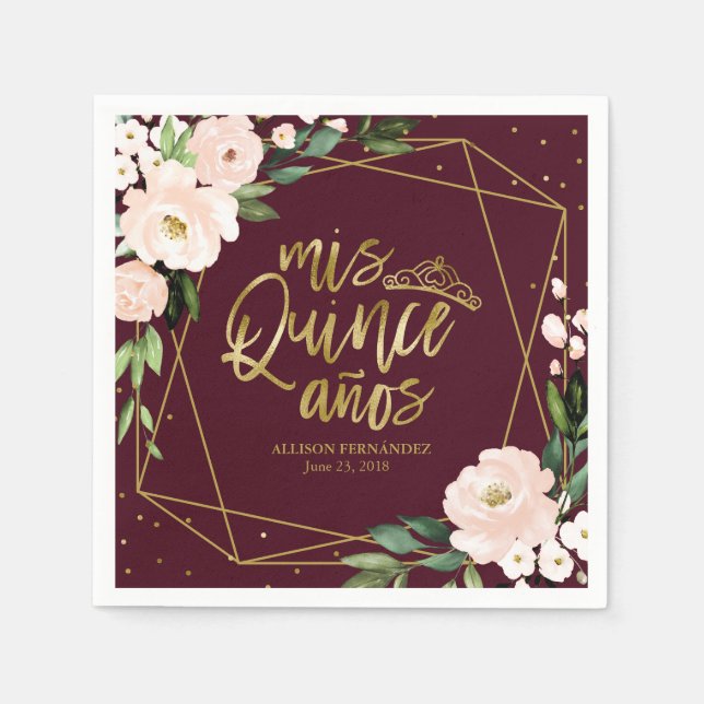 Servilleta De Papel Rubor Burgundy Floral Quinceanera (Anverso)