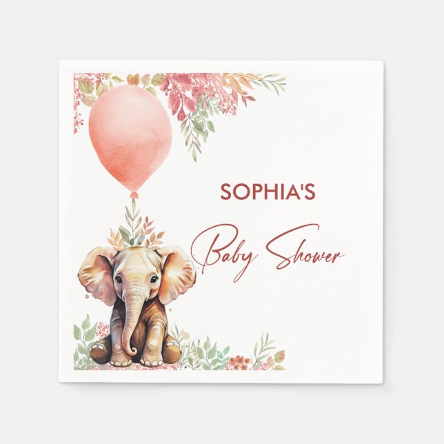 Servilleta De Papel Rubor Pink Balloon Floral Elephant Baby Shower (Anverso)