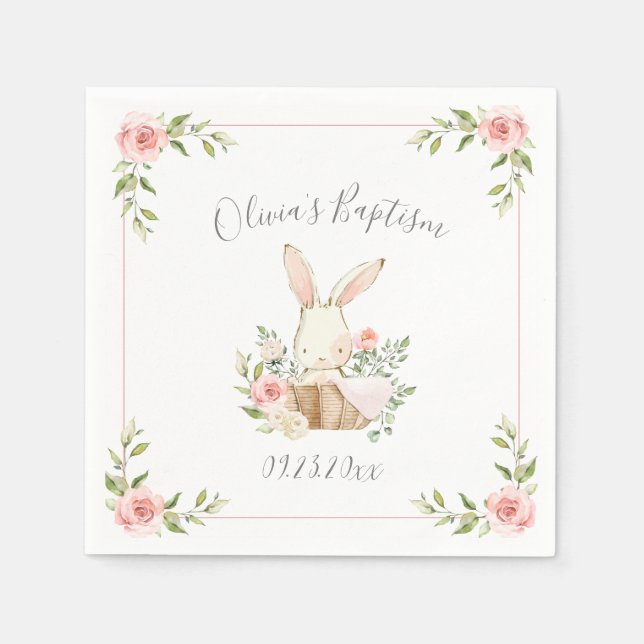 Servilleta De Papel Rubor Pink Floral Bunny Rabbit Baptism Napkins (Anverso)