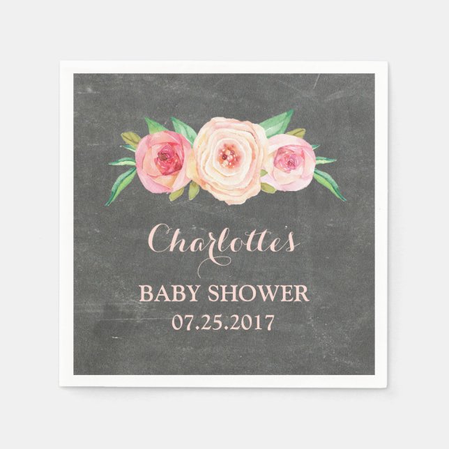 Servilleta De Papel Rubor Pink Floral Chalkboard Baby Shower (Anverso)