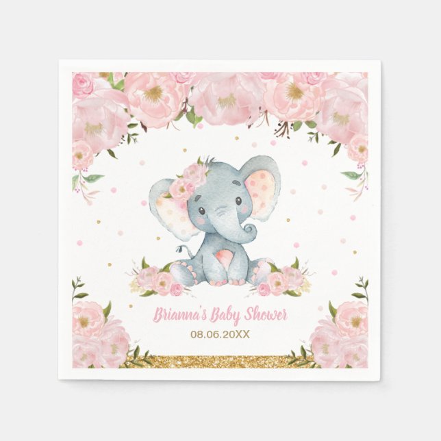 Servilleta De Papel Rubor Pink Floral Elephant Baby Shower Cumpleaños  (Anverso)