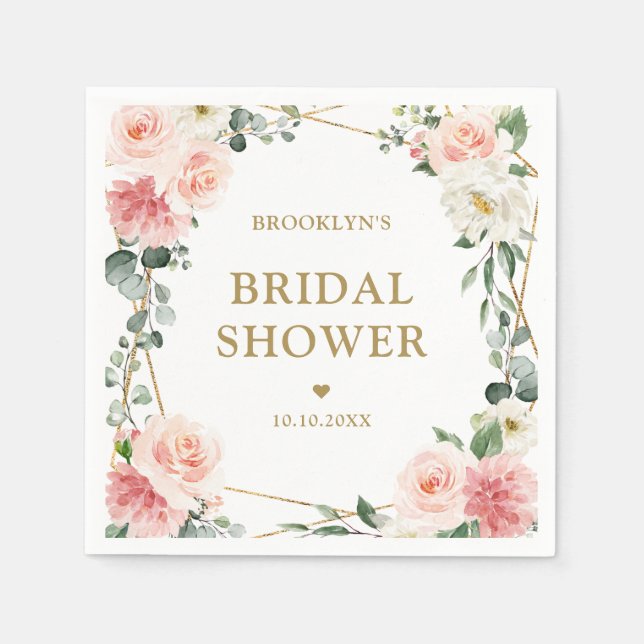 Servilleta De Papel Rubor Pink Floral Gold Geométrico Bridal Shower Na (Anverso)
