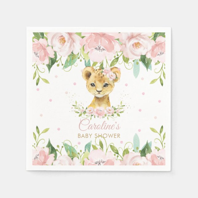 Servilleta De Papel Rubor Pink Floral Lion Baby Shower Cumpleaños (Anverso)