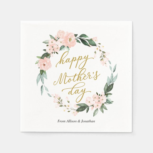 Servilleta De Papel Rubor Pink Floral Wreath Happy Mothers Day (Anverso)