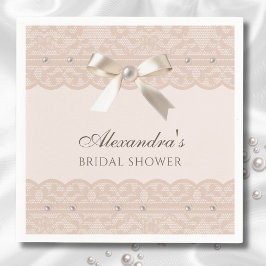 Servilleta De Papel Rubor Pink Pearls Satin Bow Lace Bridal Shower