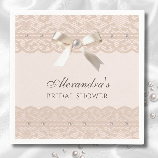 Servilleta De Papel Rubor Pink Pearls Satin Bow Lace Bridal Shower (Subido por el creador)