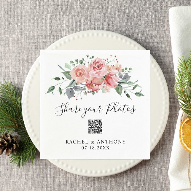 Servilleta De Papel Rubor Pink Rose Boda QR Code Share Fotos (Subido por el creador)