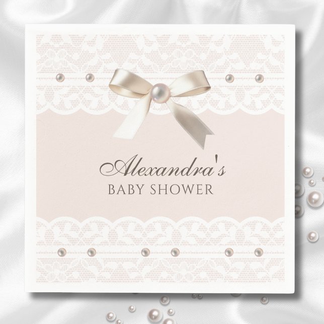 Servilleta De Papel Rubor Pink Satin Bow White Lace Baby Shower (Subido por el creador)