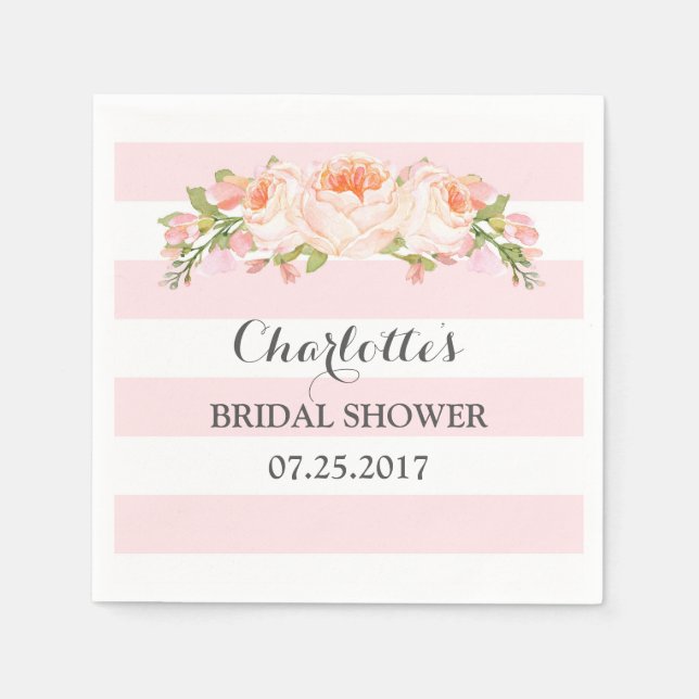Servilleta De Papel Rubor Pink Stripes Floral Bridal Shower Napkin (Anverso)