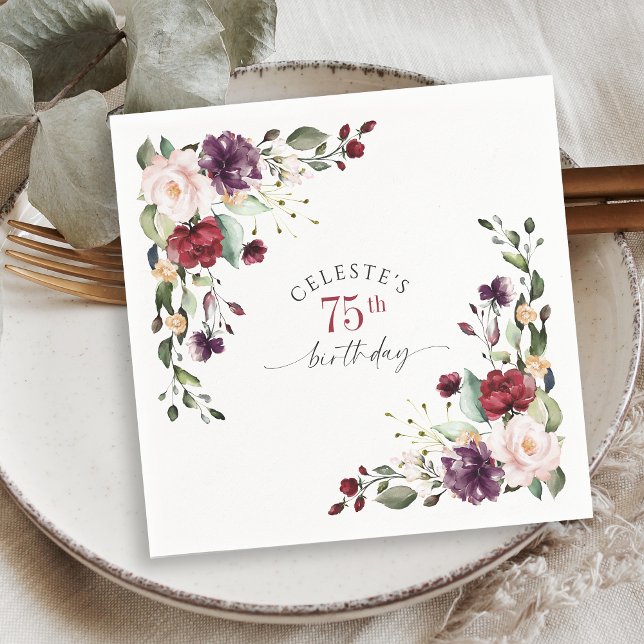 Servilleta De Papel Rubor rojo y Purple Elegant Floral 75 cumpleaños (Subido por el creador)
