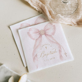 Servilleta De Papel Rubor Rosa de Bautismo Perlas con Lazo