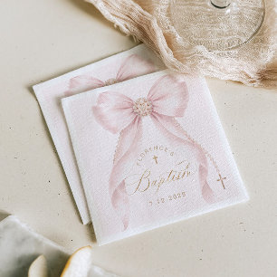 Servilleta De Papel Rubor Rosa de Bautismo Perlas con Lazo