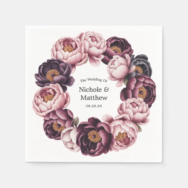 Servilleta De Papel Rubor y Plum Peony Wreath Wedding Favor (Anverso)
