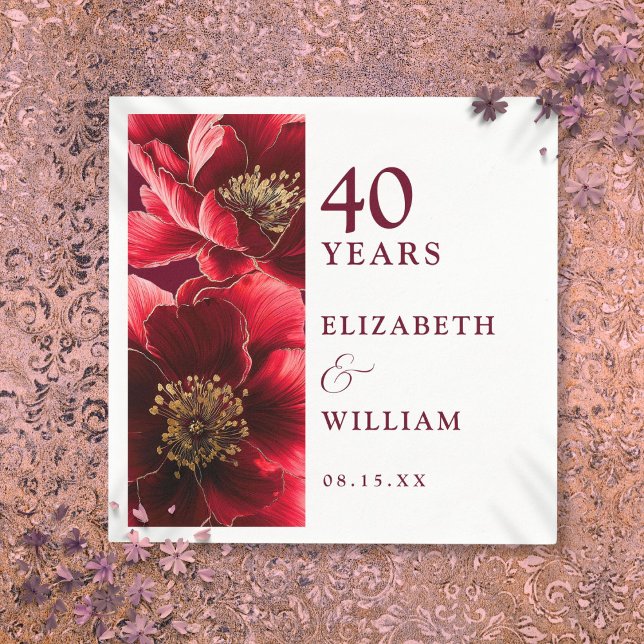 Servilleta De Papel Ruby Red Elegant Modern Floral 40 Aniversario (Ruby Red Elegant Modern Floral 40th Anniversary Napkins)