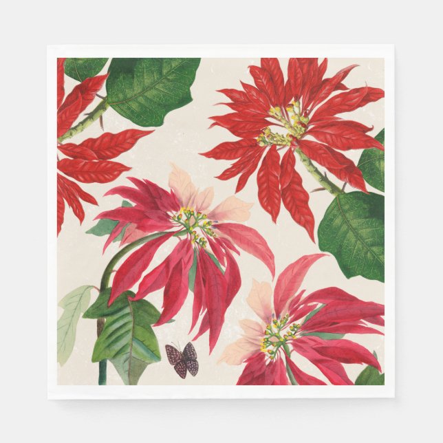 Servilleta De Papel Ruido Rojo Acuarela Poinsettia Verdor Floral (Anverso)