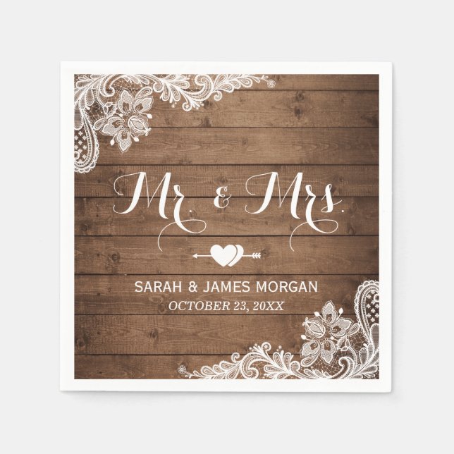 Servilleta De Papel Rustic Barn Wood Lace Mr and Mrs Boda (Anverso)