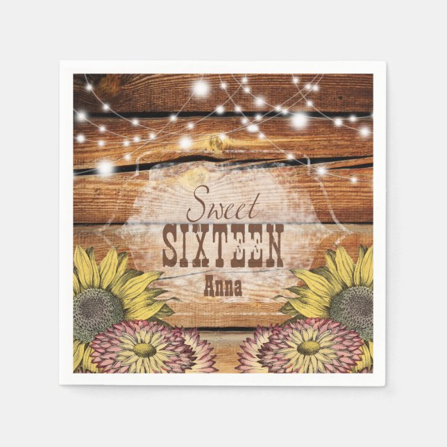 Servilleta De Papel Rustic Barn Wood String ilumina los girasoles (Anverso)