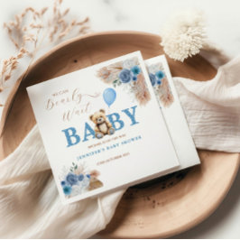 Servilleta De Papel Rustic Blue Teddy Bear Baby Shower Florals Balloon