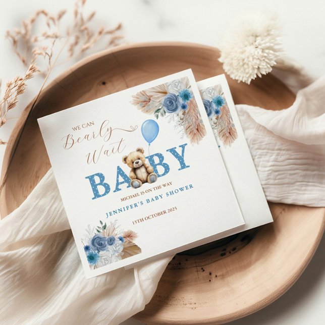 Servilleta De Papel Rustic Blue Teddy Bear Baby Shower Florals Balloon (Subido por el creador)
