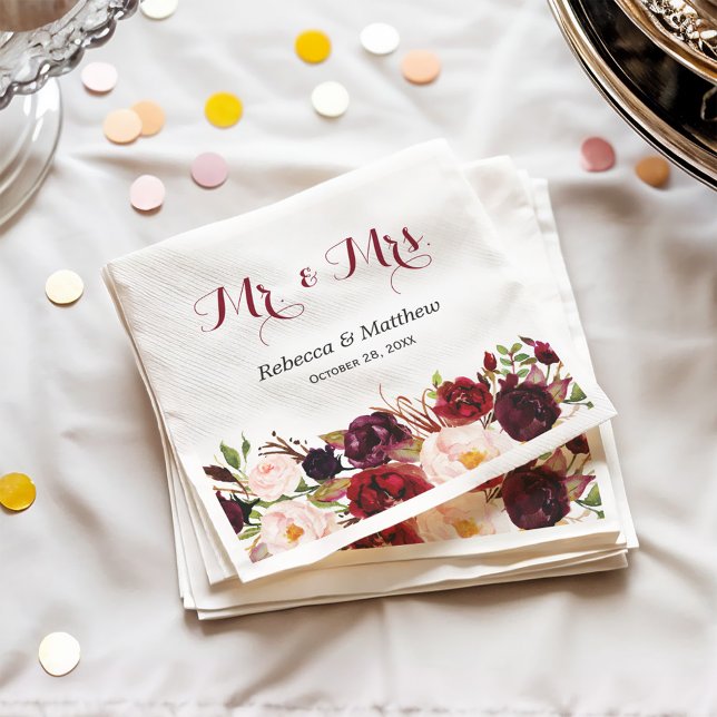 Servilleta De Papel Rustic Burgundy Red Floral Sr. y Sra. Boda (Subido por el creador)