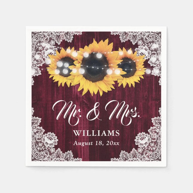 Servilleta De Papel Rustic Burgundy Sunflower Sr. y Sra. Boda (Anverso)