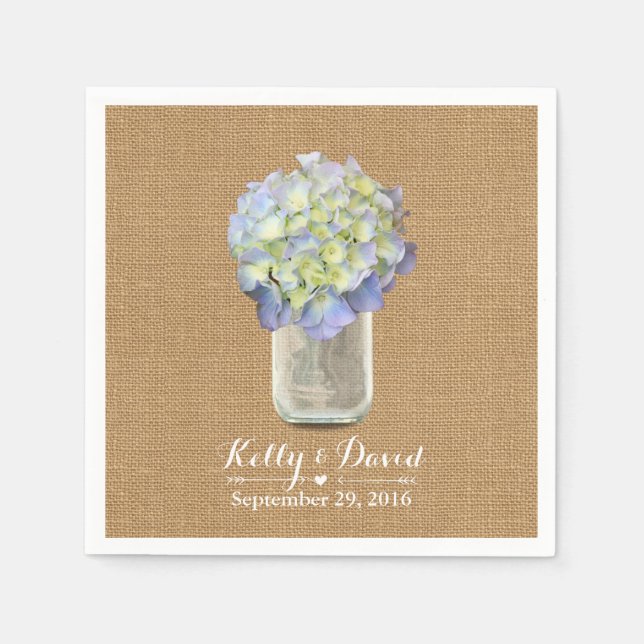 Servilleta De Papel Rustic Burlap Blue Hydrangea Mason Jar Boda (Anverso)