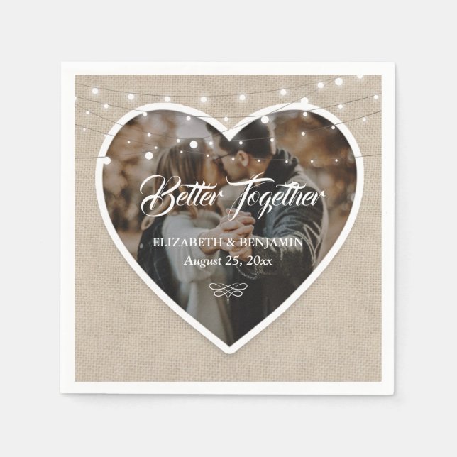 Servilleta De Papel Rustic Burlap Heart String Luces Boda Foto (Anverso)