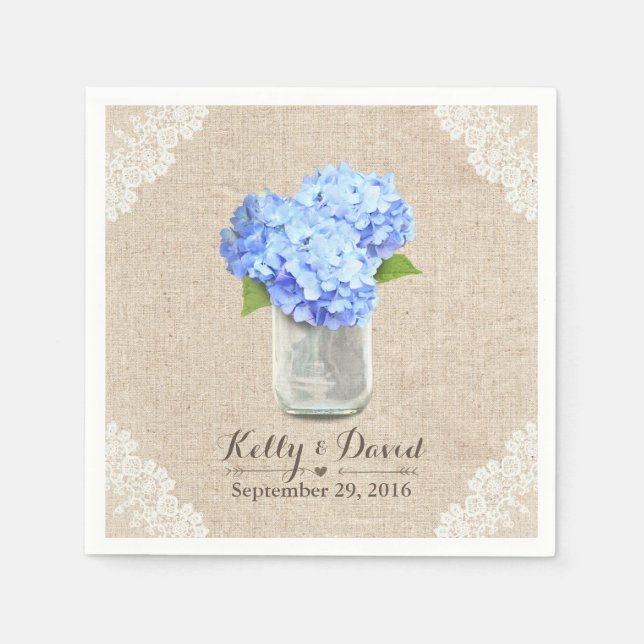 Servilleta De Papel Rustic Burlap Mason Jar Blue Hydrangea Boda (Anverso)