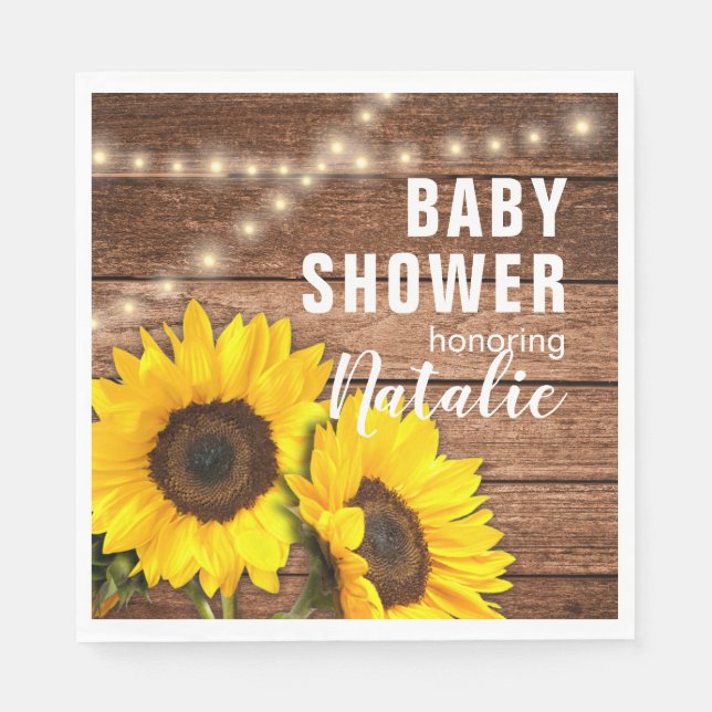 Servilleta De Papel Rustic Dark Wood Sunflower Lights Baby Shower (Anverso)
