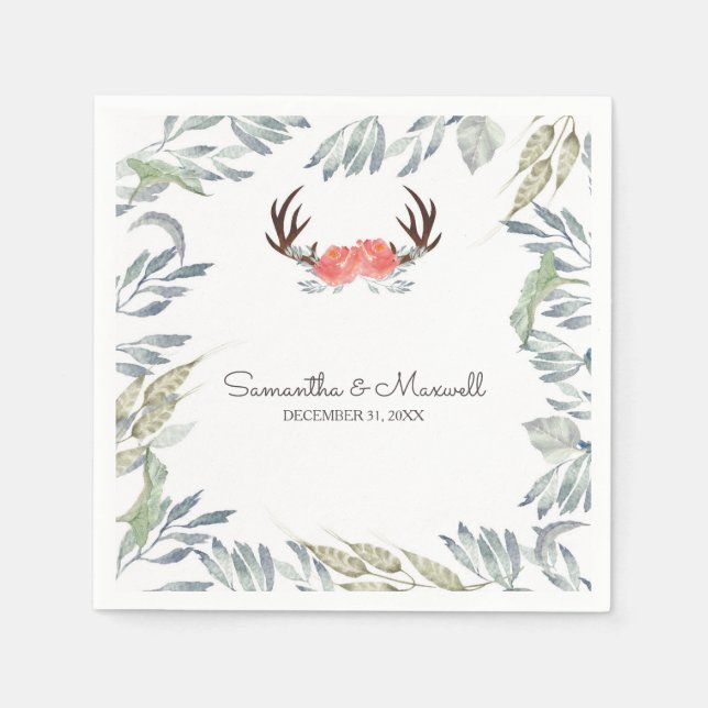 Servilleta De Papel RUSTIC Deer Antler and Greenery, Peach (Anverso)