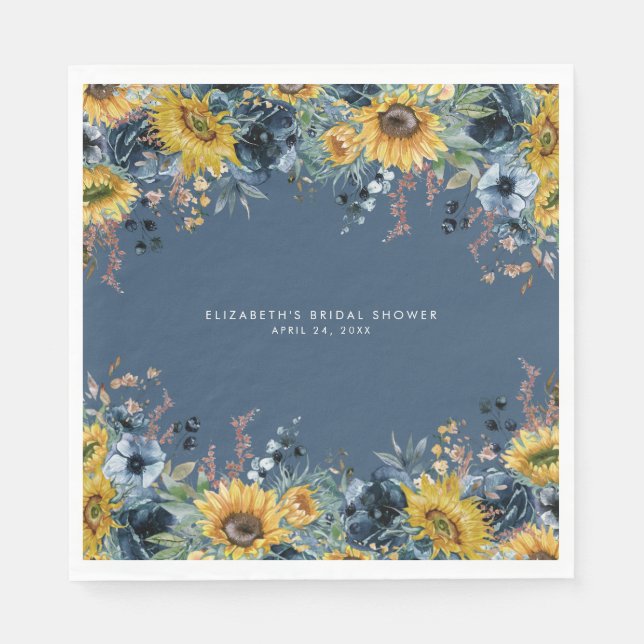 Servilleta De Papel Rustic Dusty Blue Sunflowers Bridal Shower (Anverso)