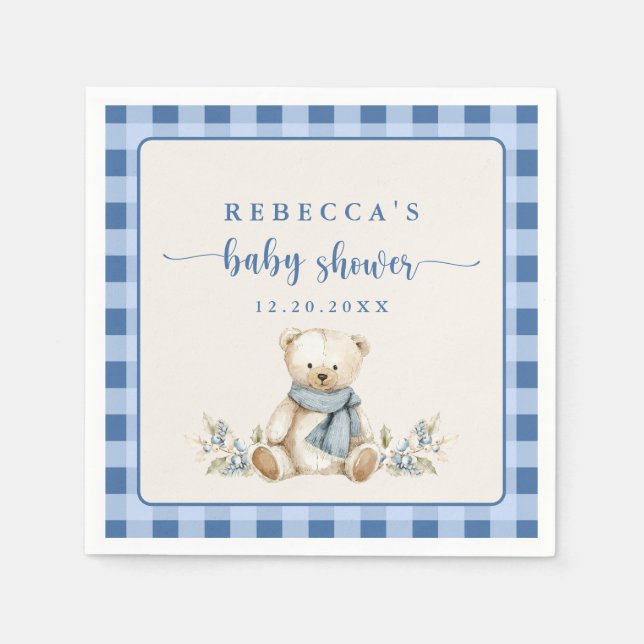 Servilleta De Papel Rustic Gingham Teddy Bear Winter Baby Shower (Anverso)