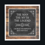 Servilleta De Papel Rustic Man Myth Legend 90th Birthday Black<br><div class="desc">¡Es El Hombre El Mito La LEYENDA! Su vida ha sido una aventura asombrosa y es momento de celebrar su legado y a él. Este rústico papel negro con respaldo de madera con textura de tipo blanco y esquinas de enrollado blanco 90º cumpleaños servilletas de almuerzo son perfectas para honrar...</div>
