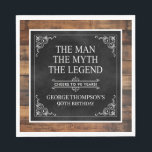 Servilleta De Papel Rustic Man Myth Legend 90th Birthday Black<br><div class="desc">¡Es El Hombre El Mito La LEYENDA! Su vida ha sido una aventura asombrosa y es momento de celebrar su legado y a él. Este rústico papel negro con respaldo de madera con textura de tipo blanco y esquinas de enrollado blanco 90º cumpleaños servilletas de almuerzo son perfectas para honrar...</div>