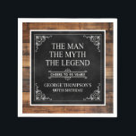 Servilleta De Papel Rustic Man Myth Legend 90th Birthday Black<br><div class="desc">¡Es El Hombre El Mito La LEYENDA! Su vida ha sido una aventura asombrosa y es momento de celebrar su legado y a él. Este rústico papel negro con respaldo de madera con texturas de tipo blanco y esquinas de enrollado blanco 90th Birthday coctail servilletas son perfectas para honrar y...</div>