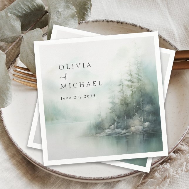 Servilleta De Papel Rustic Mountain Lake Misty Pines Modern Wedding (Subido por el creador)