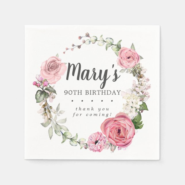 Servilleta De Papel Rustic Pink Floral 90th Birthday Party Napkins (Anverso)