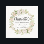 Servilleta De Papel Rustic Pink Floral 90th Birthday Party Napkins<br><div class="desc">Las rosas rosas blandas de color rosa y los brotes brillantes de color rosa crean una florida corona floral de estilo rústico. Hidrenajes blancos en la flor floral. El nombre de la mujer de cumpleaños está escrito en una letra de guión grande. 90 Aniversario y el sentimiento de agradecimiento sigue....</div>