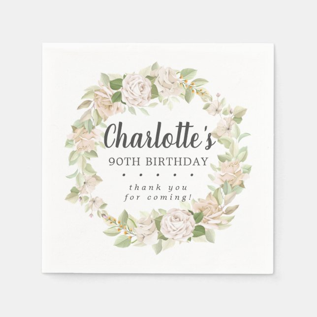 Servilleta De Papel Rustic Pink Floral 90th Birthday Party Napkins (Anverso)