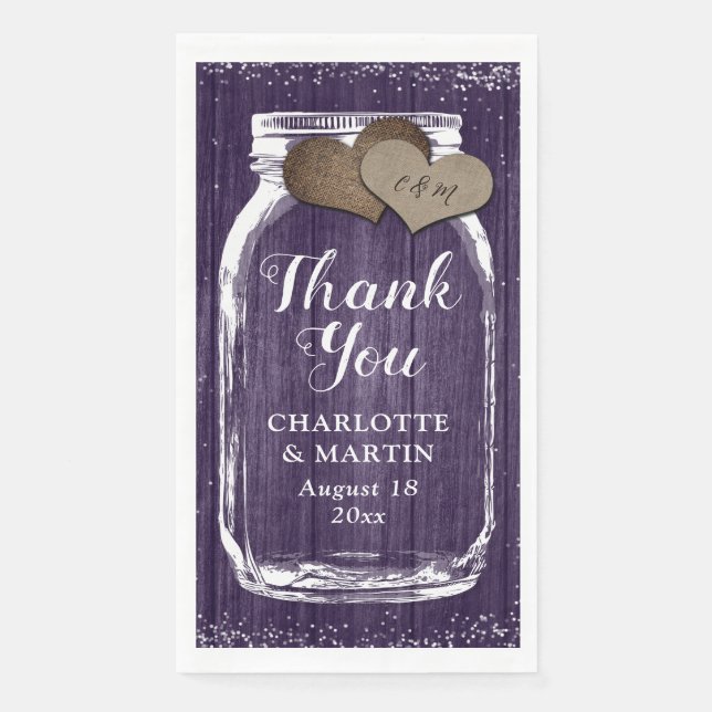 Servilleta De Papel Rustic Purple Mason Jar Wood Gracias Boda (Anverso)