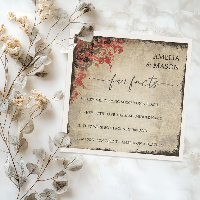 Servilleta De Papel Rustic Script Red Floral Fun Facts Wedding  (Rustic Script Red Floral Fun Facts Wedding Napkins)