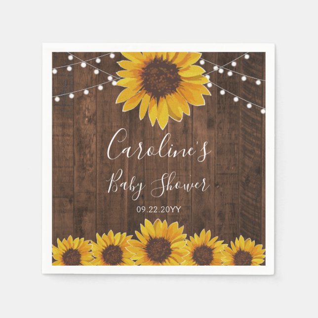 Servilleta De Papel Rustic Sunflowers String Lights Wood Baby Shower (Anverso)