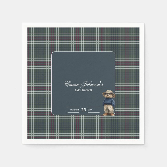 Servilleta De Papel Rustic Tartan Bear Baby Shower (Anverso)