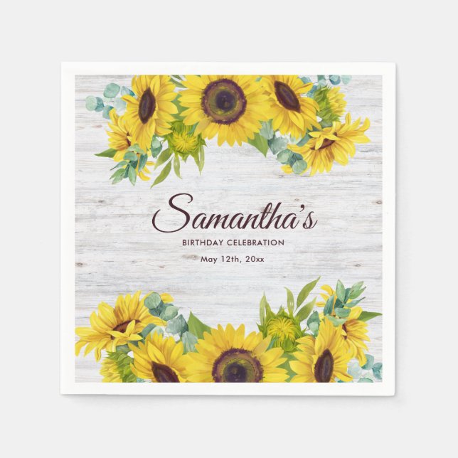 Servilleta De Papel Rustic Watercolor Sunflower Birthday Party  (Anverso)