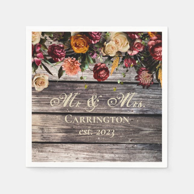 Servilleta De Papel Rustic Wood Floral Mr & Mrs Boda (Anverso)