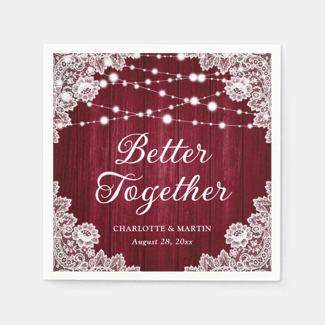 Servilleta De Papel Rustic Wood Lace String ilumina a Boda de Borgoña (Anverso)